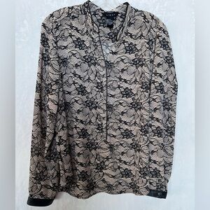 Light Womens Floral 1/2 Button Faux Leather Accent Black Tan Sheer Blouse Size M